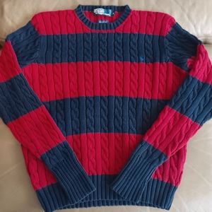 Polo Ralph Lauren Striped Color Block Cable Knit Red/Navy Blue Sweater sz M